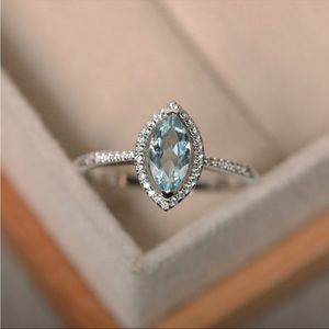 Marquise aquamarine ring, March birthstone, silver, promise ring